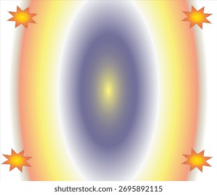 Intensive, lebendige vertikale ovale Design mit einem tiefen violetten Zentrum und hellgelb orange Außenglanz. Die Ecken sind mit vier leuchtend orangefarbenen Burst-Sternen versehen. Perfekt für hohe Energie, kosmische oder Aufmerksamkeit