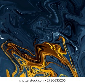 La intensa profundidad visual emerge de este arte fluido abstracto, mostrando una mezcla caótica pero hermosa de índigo oscuro y brillantes pigmentos metálicos de oro que se arremolinan en patrones dinámicos y sofisticados, perfectos para fondos digitales modernos.