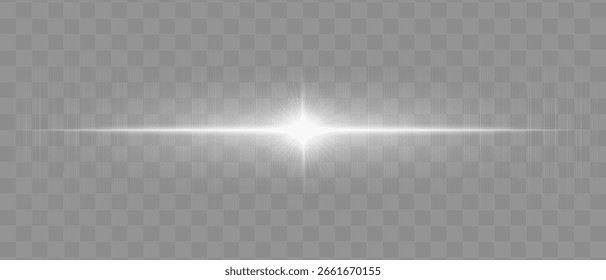 Efeito de flare branco intenso com raios de ruptura e faíscas sutis irradiando do centro, acompanhado por uma fina linha de luz horizontal em um fundo transparente.