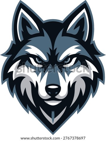An intense wolf head logo with striking blue eyes.