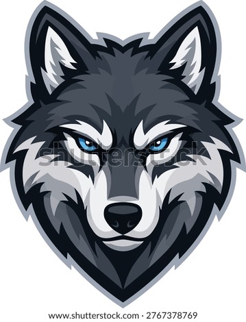 An intense wolf head logo with striking blue eyes.