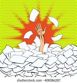 Intense work of the office worker. Retro comics. Vector illustration