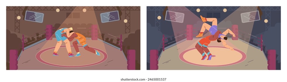 Intense wrestling match with athletes engaged in combat. Vector illustration set captures the dynamic movement and competitive spirit in a vividly colored arena.