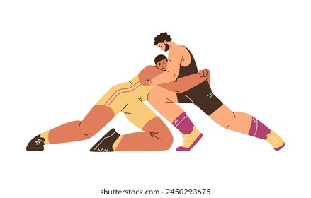 Intense wrestling match captured mid-takedown. This vector illustration highlights the strength and agility required in the sport with a focus on realistic action and technique.