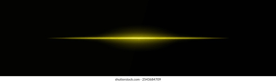 Feixe de luz horizontal amarelo intenso em um fundo preto, raios de néon, flash de brilho e explosão, feixe de laser. ideal para ficção científica, efeitos digitais ou projetos cinematográficos. Papel de parede dinâmico de energia