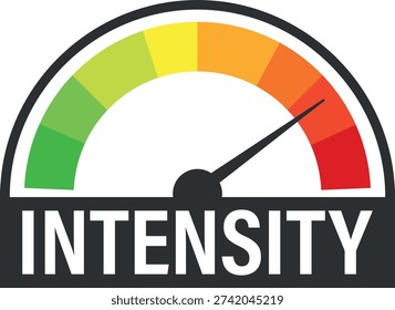 Intensity gauge meter vector illustration. Speedometer with color scale indicator for performance measurement and progress. Flat style.