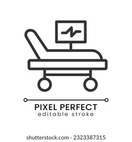 Intensive care bed pixel perfect linear icon. Resuscitation equipment. Life support. Hospital. Thin line illustration. Contour symbol. Vector outline drawing. Editable stroke. Poppins font used