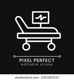 Intensive care bed pixel perfect white linear icon for dark theme. Resuscitation equipment. Life support. Thin line illustration. Isolated symbol for night mode. Editable stroke. Poppins font used