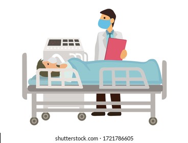 Intensive care doctor examines critical woman patient receiving oxygen from a ventilation in intensive care department ward. Flat cartoon character vector illustration isolated on a white backgound.