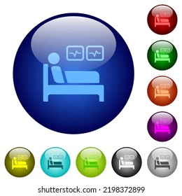 Intensive care icons on round glass buttons in multiple colors. Arranged layer structure