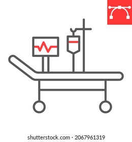 Icono de línea de cuidados intensivos, quimioterapia y coronavirus, icono del vector de cama de hospital, gráficos vectoriales, símbolo de contorno de trazo editable, eps 10.