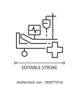 Intensive care linear icon. Critical care medicine. ICU. Hospital ward. Intensive treatment. Thin line customizable illustration. Contour symbol. Vector isolated outline drawing. Editable stroke