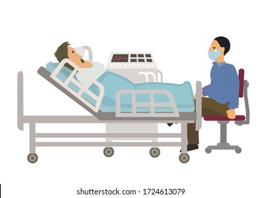 Intensive care patient woman receiving oxygen from a ventilation in intensive care department ward with her sad husband. Flat cartoon character vector illustration isolated on a white backgound.