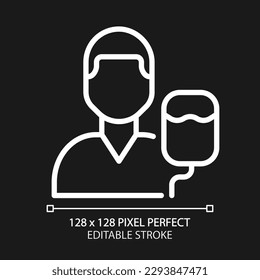 Intensive care pixel perfect white linear icon for dark theme. Emergency. Blood transfusion. Urgent help. Health care. Thin line illustration. Isolated symbol for night mode. Editable stroke