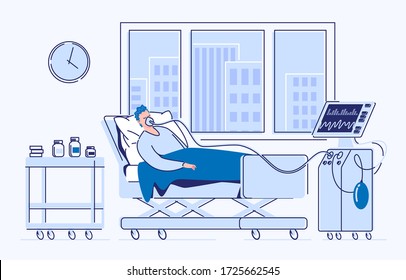 Intensive care of a seriously ill patient. A sick man lies in a medical bed on artificial lung ventilation. Vector. Illustration. Flat style