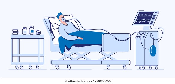 Intensive care of a seriously ill patient. A sick man lies in a medical bed on artificial lung ventilation. Vector. Illustration. Flat style