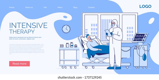 Intensive care of a seriously ill patient. A sick man lies in a medical bed on artificial lung ventilation. Vector. Illustration. Flat style.