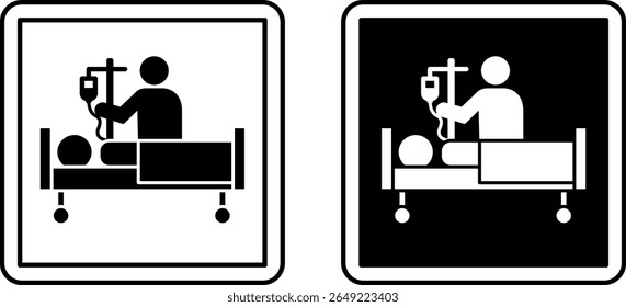 Intensive Care Signs. Black and White Vector Illustrations. Medical Worker Putting a Drip on a Patient, Treating a Sick Person. Signboard in the Department of the Hospital