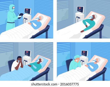 Intensive Care Unit In Hospital Flat Color Vector Illustrations Set. Coronavirus Hospitalization. Life Support For Ill Patients 2D Cartoon Characters Collection With Hospital Room On Background