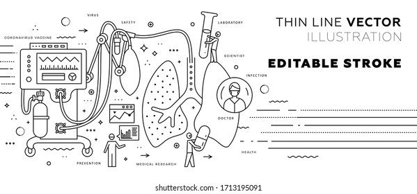 Intensive care unit with medical mechanical ventilation lungs with pneumonia. ICU. Doctors in hospital treat a person infected with a corona virus. Covid-19 clinic concept. Editable vector.