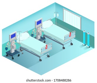 Intensive care unit medical ward with ventilator. 3d isometric vector illustration