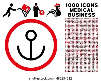 Intensive Red And Black Anchor vector bicolor rounded icon. Image style is a flat icon symbol inside a circle, white background. Bonus set is 1000 healthcare business elements.