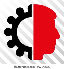 Intensive Red And Black Android Head interface toolbar pictogram. Vector pictograph style is a flat bicolor symbol on diagonal hatch transparent background.