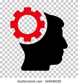 Intensive Red And Black Brain Gear toolbar pictogram. Vector pictogram style is a flat bicolor symbol on chess transparent background.