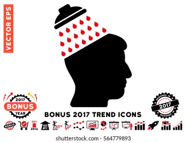 Intensive Red And Black Brain Shower pictogram with bonus 2017 year trend icon set. Vector illustration style is flat iconic bicolor symbols, white background.