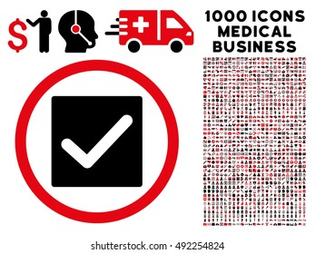 Intensive Red And Black Check vector bicolor rounded icon. Image style is a flat icon symbol inside a circle, white background. Bonus clip art contains 1000 medicine business pictographs.