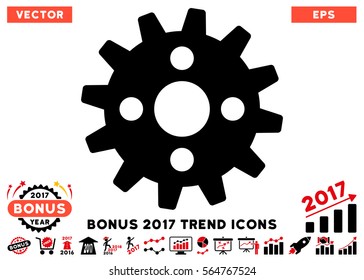 Intensive Red And Black Cogwheel icon with bonus 2017 trend pictograph collection. Vector illustration style is flat iconic bicolor symbols, white background.