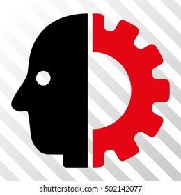 Intensive Red And Black Cyborg Head interface toolbar pictogram. Vector pictograph style is a flat bicolor symbol on diagonal hatch transparent background.