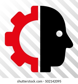 Intensive Red And Black Cyborg Head toolbar pictogram. Vector pictogram style is a flat bicolor symbol on diagonal hatch transparent background.