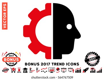 Intensive Red And Black Cyborg Head pictograph with bonus 2017 year trend icon set. Vector illustration style is flat iconic bicolor symbols, white background.