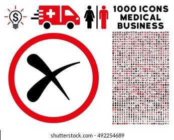 Intensive Red And Black Erase vector bicolor rounded icon. Image style is a flat icon symbol inside a circle, white background. Bonus set is 1000 healthcare business pictograms.