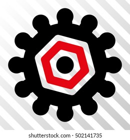 Intensive Red And Black Gear interface pictogram. Vector pictogram style is a flat bicolor symbol on diagonal hatch transparent background.