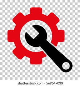 Intensive Red And Black Gear and Wrench interface toolbar pictogram. Vector pictogram style is a flat bicolor symbol on chess transparent background.