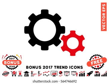Intensive Red And Black Gears icon with bonus 2017 year trend pictograph collection. Vector illustration style is flat iconic bicolor symbols, white background.