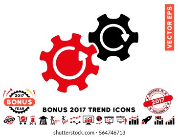 Intensive Red And Black Gears Rotation pictogram with bonus 2017 trend symbols. Vector illustration style is flat iconic bicolor symbols, white background.