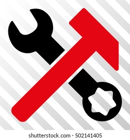 Intensive Red And Black Hammer and Wrench toolbar pictogram. Vector pictograph style is a flat bicolor symbol on diagonal hatch transparent background.