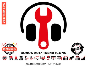 Intensive Red And Black Headphones Tuning Wrench icon with bonus 2017 trend elements. Vector illustration style is flat iconic bicolor symbols, white background.