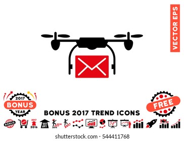 Intensive Red And Black Mail Delivery Drone pictograph with bonus 2017 trend symbols. Vector illustration style is flat iconic bicolor symbols, white background.