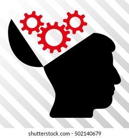 Intensive Red And Black Open Mind Gears toolbar pictogram. Vector pictograph style is a flat bicolor symbol on diagonal hatch transparent background.