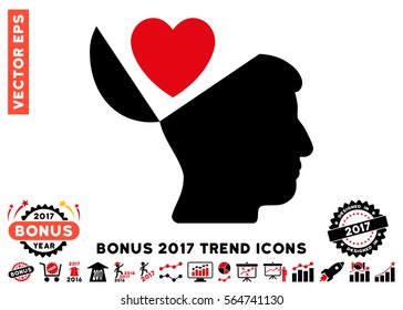 Intensive Red And Black Open Mind Love Heart pictograph with bonus 2017 trend clip art. Vector illustration style is flat iconic bicolor symbols, white background.