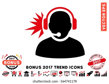 Intensive Red And Black Operator Headphones Signal pictograph with bonus 2017 trend pictures. Vector illustration style is flat iconic bicolor symbols, white background.