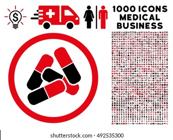 Intensive Red And Black Pills vector bicolor rounded icon. Image style is a flat icon symbol inside a circle, white background. Bonus set is 1000 medical business elements.