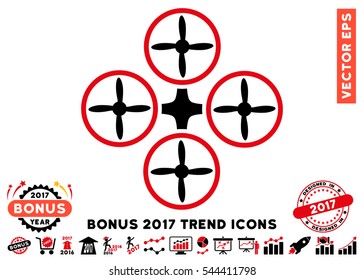 Intensive Red And Black Quadcopter icon with bonus 2017 trend pictograph collection. Vector illustration style is flat iconic bicolor symbols, white background.