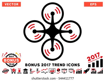 Intensive Red And Black Quadcopter Screw Rotation pictogram with bonus 2017 trend icon set. Vector illustration style is flat iconic bicolor symbols, white background.