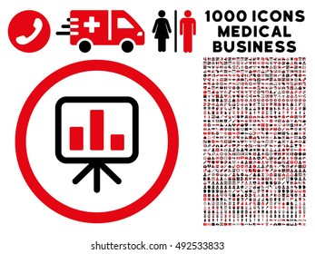 Intensive Red And Black Slideshow Screen vector bicolor rounded icon. Image style is a flat icon symbol inside a circle, white background. Bonus set has 1000 medical business pictograms.