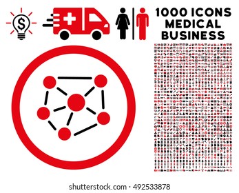 Intensive Red And Black Social Graph vector bicolor rounded icon. Image style is a flat icon symbol inside a circle, white background. Bonus set includes 1000 health care business elements.